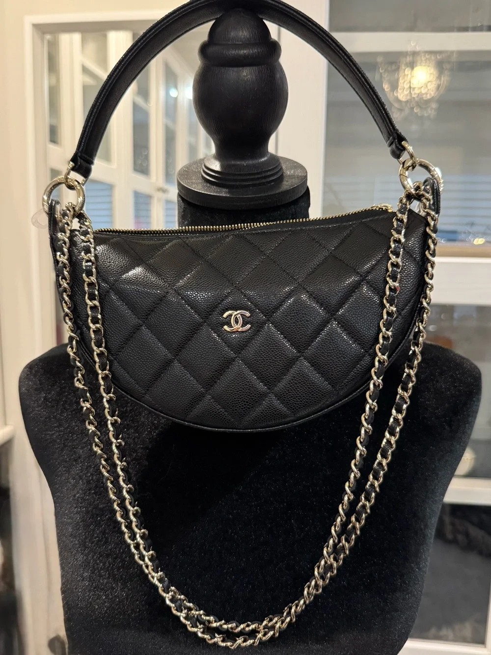 CHANEL Black Quilted Half Moon Shoulder Bag with Chain Strap Champagne Hardware